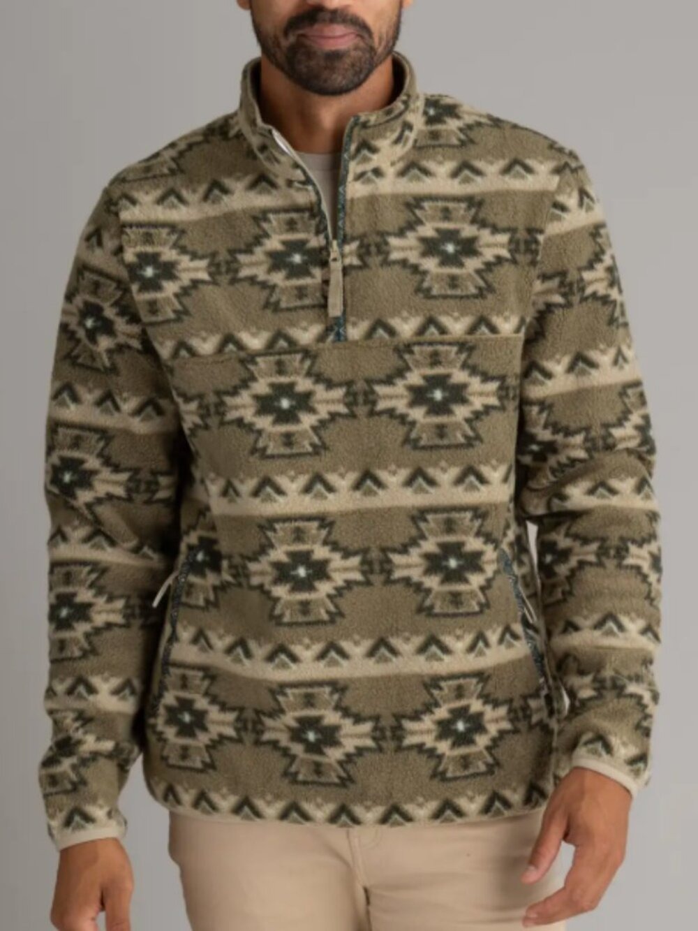 LIV Outdoor Men Aztec Print 1/4 Zip Fleece Pullover Size M Olive Green Gorpcore